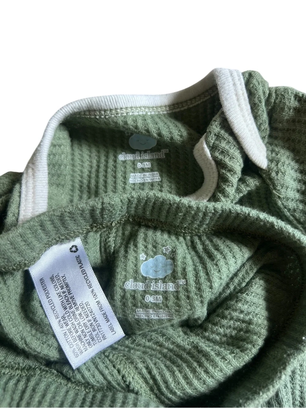 cloud island Green Waffle-Knit Baby Romper with White Trim